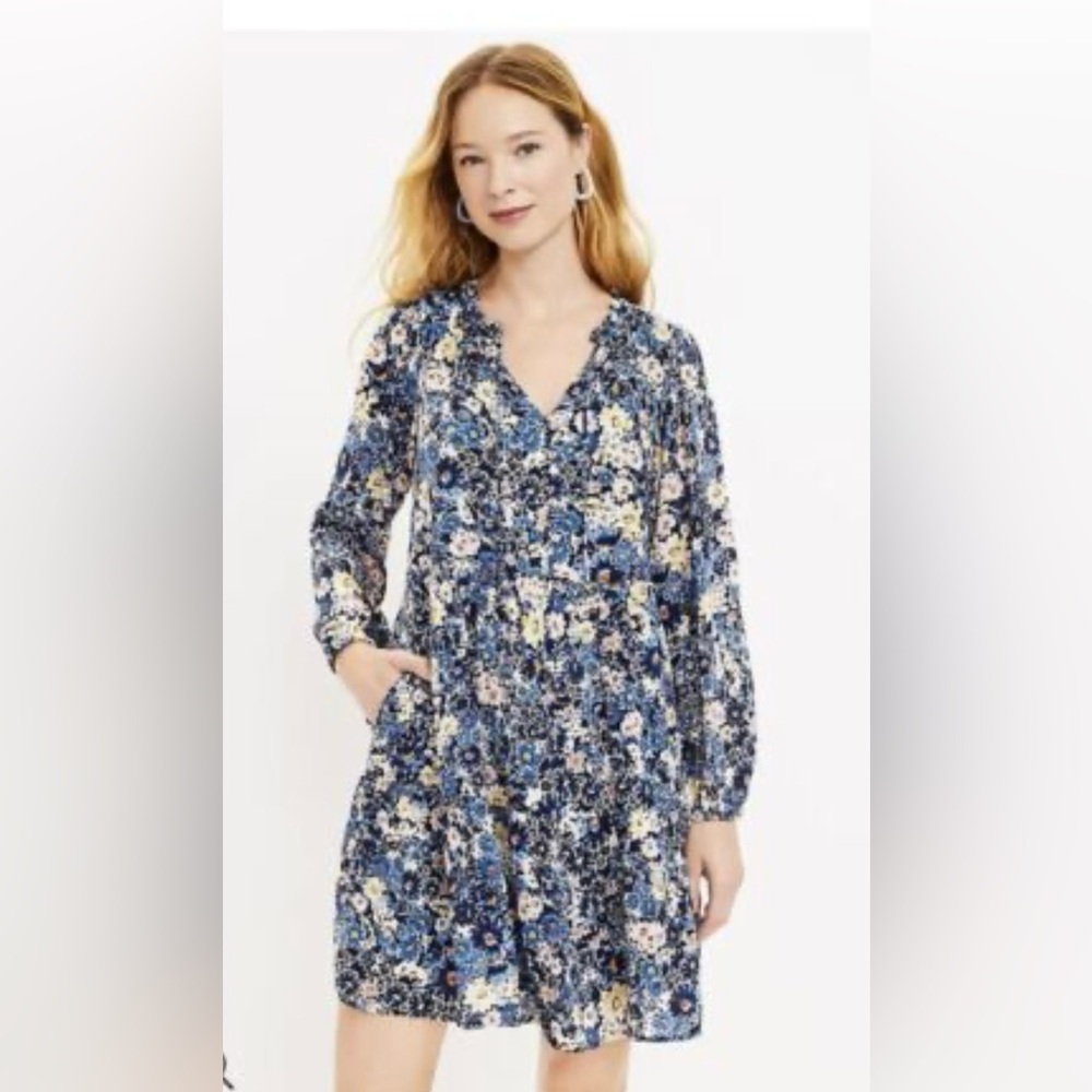 🤍🩵💎LOFT Blue V-Neck Bishop Sleeve Sundress